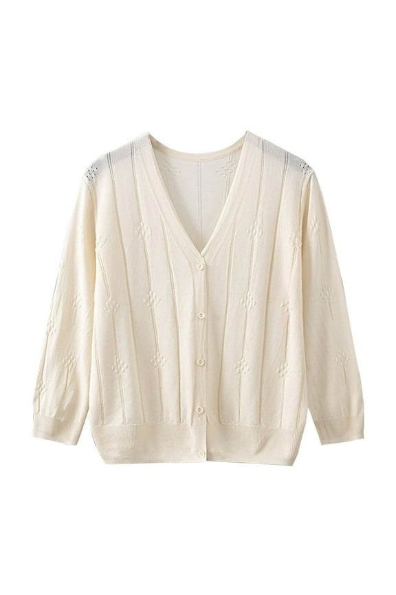 Womens Sweater Cardigans 2024 Fall Open Front Button Up V Neck Jumper Elegant Solid Long Sleeve Ribbed Knitted Sweater Jackets Beige Free Size