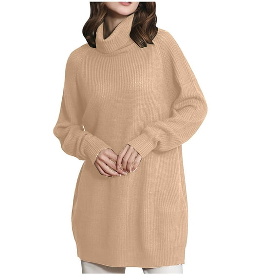 UTSJKR Womens Sweater Dress Long Sleeve Sundress 2024 Fashion Classic Solid Funnel Neck Dress Ribbed Knited Pullover Jumper Sweaters Dress Khaki XL