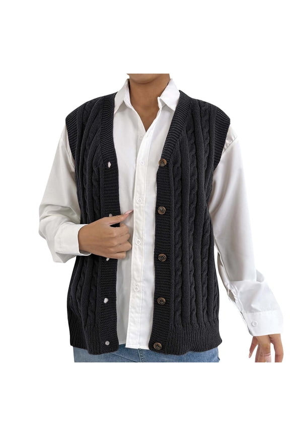 Womens Sweater Vest Button V Neck Sleeveless Casual Cardigan Vests Argyle Plaid Rib Knit Tank Tops School Uniform Black Free Size