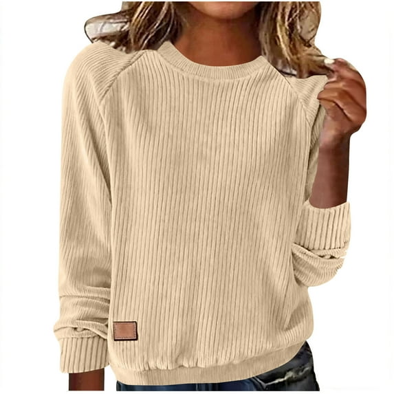 UTSJKR Womens Sweaters 2026 Spring Long Sleeve Lightweight Crewneck Sweater Soft Basic Ribbed Knit Loose Pullover Tops Jumpers Beige M