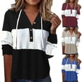 thumbnail image 1 of UTSJKR Womens Sweaters Spring Long Sleeve Hoodie Ribbed Knit V Neck Button Pullover Color Block Drawstring Hooded Sweatshirts Black M, 1 of 5