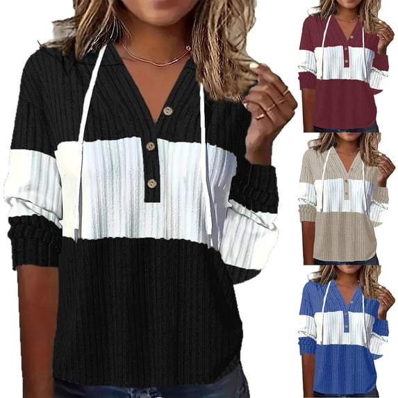 UTSJKR Womens Sweaters Spring Long Sleeve Hoodie Ribbed Knit V Neck Button Pullover Color Block Drawstring Hooded Sweatshirts Black M
