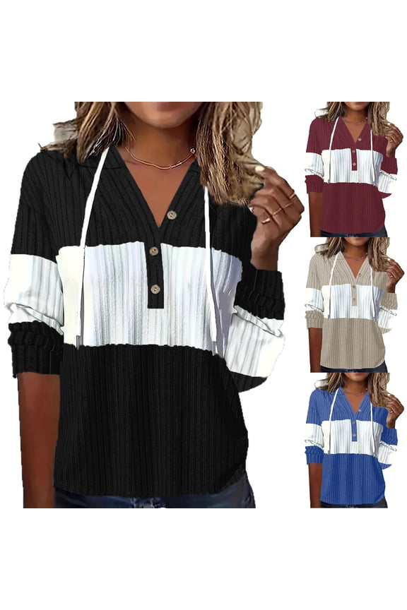 Womens Sweaters Spring Long Sleeve Hoodie Ribbed Knit V Neck Button Pullover Color Block Drawstring Hooded Sweatshirts Wine XL
