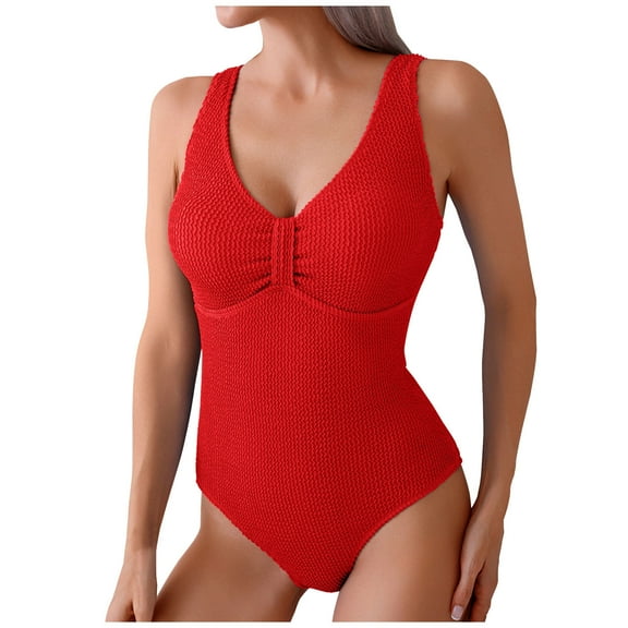 UTSJKR Womens Swimsuits One Piece 2026 Modest Full Coverage Slimming Bathing Suit Cute Texture Push up Thong Ladies Swimwear Red L