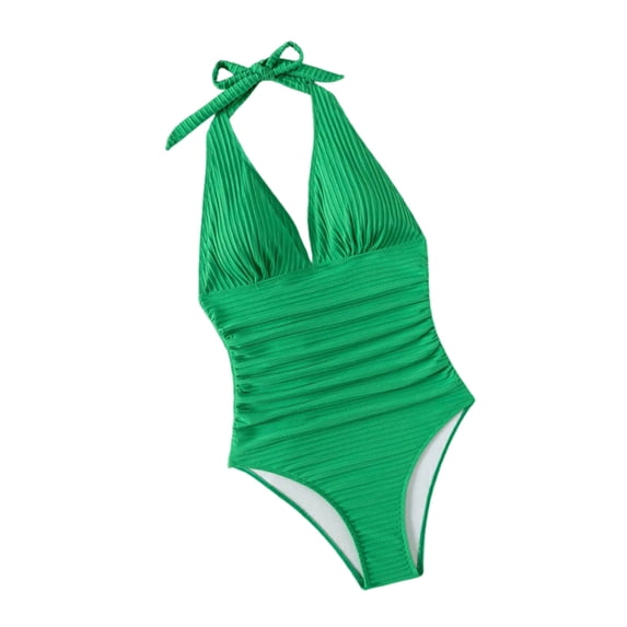 UTSJKR Womens Tie Halter One Piece Swimsuits Trendy Low Cut Padded Ribbed Bathing Suits Slimming Surfing Monokini Swimwear Green XL