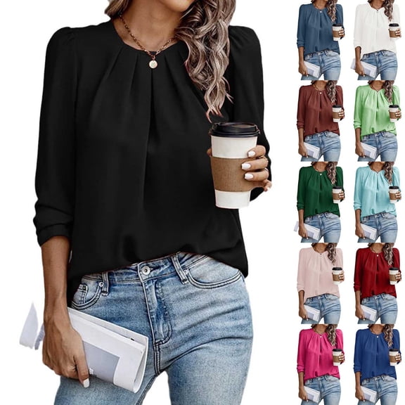 UTSJKR Womens Tops Dressy Solid Casual Pleated Crew Neck Long Sleeve Shirts Office Work Chiffon Blouses Blue S