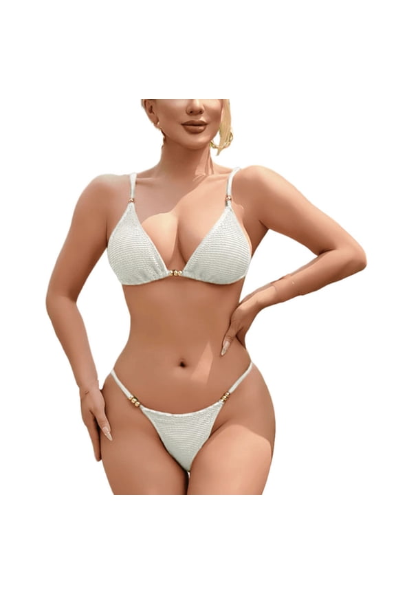 Womens Triangle Bikini Set Cheeky Triangle Top with Low Rise Bottoms Set Beach Pool Two Piece Swimwear White S