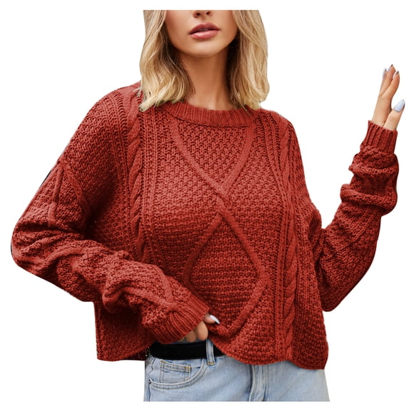 UTSJKR Womens Twists Knit Sweaters Classic Solid Crew Neck Blouse Fall Winter Basic Loose Fit Short Pullover Sweaters Tops Long Sleeve Tunic Tops 2024 Fashion Red XL