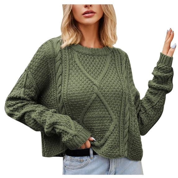 UTSJKR Womens Twists Knit Sweaters Classic Solid Crew Neck Blouse Fall Winter Basic Loose Fit Short Pullover Sweaters Tops Long Sleeve Tunic Tops 2024 Fashion Green XL