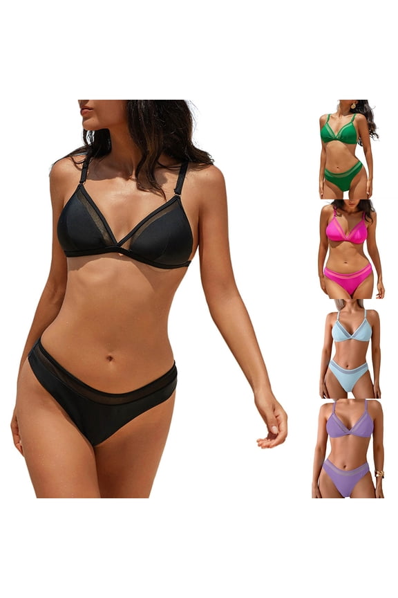 Womens Two Piece Bikini Set Summer Beach Swimsuits Sexy V Neck Triangle Top Bathing Suits String Cheeky Swimsuit Sets Black XL