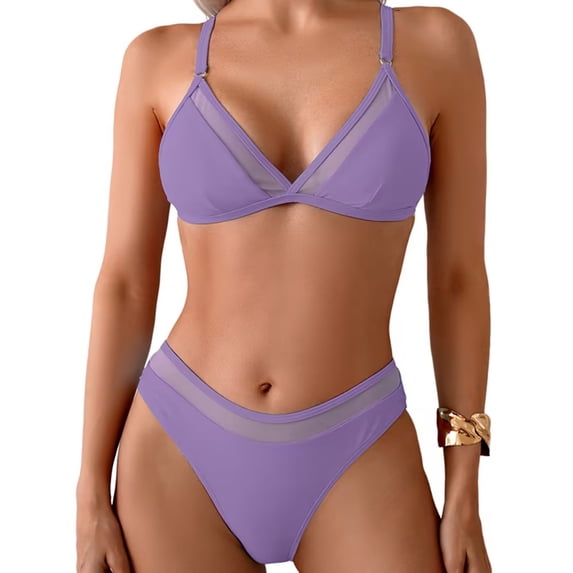 UTSJKR Womens Two Piece Bikini Set Summer Beach Swimsuits Sexy V Neck Triangle Top Bathing Suits String Cheeky Swimsuit Sets Purple S