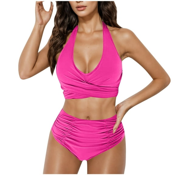 UTSJKR Womens Two Piece Bikini Set V Neck Push Up High Waisted Bathing Suits Tummy Control Swimsuits 2025 Trendy Swimwear Hot Pink L