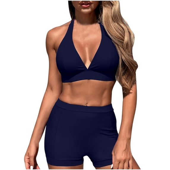 UTSJKR Womens Two Piece Bikini Sets Halter Bikini Top Tie Back Padded Bathing Suit Push Up Swimsuit Top with High Waisted Bathing Suit Bottoms Navy 16-18