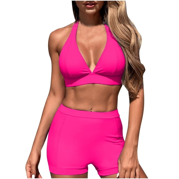 UTSJKR Womens Two Piece Bikini Sets Halter Bikini Top Tie Back Padded Bathing Suit Push Up Swimsuit Top with High Waisted Bathing Suit Bottoms Pink 16-18