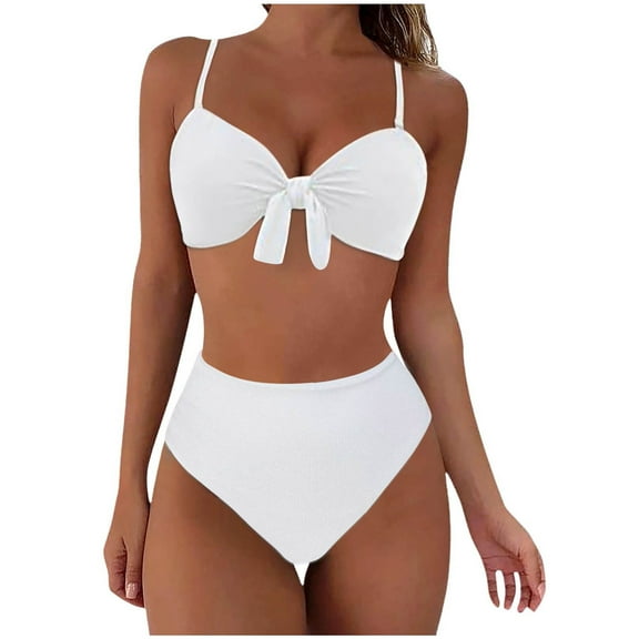 UTSJKR Womens Two Piece High Waisted Bikini Sets Sexy High Cut Swimsuit Tie Knot V Neck Bathing Suit Tummy Control White 6-10