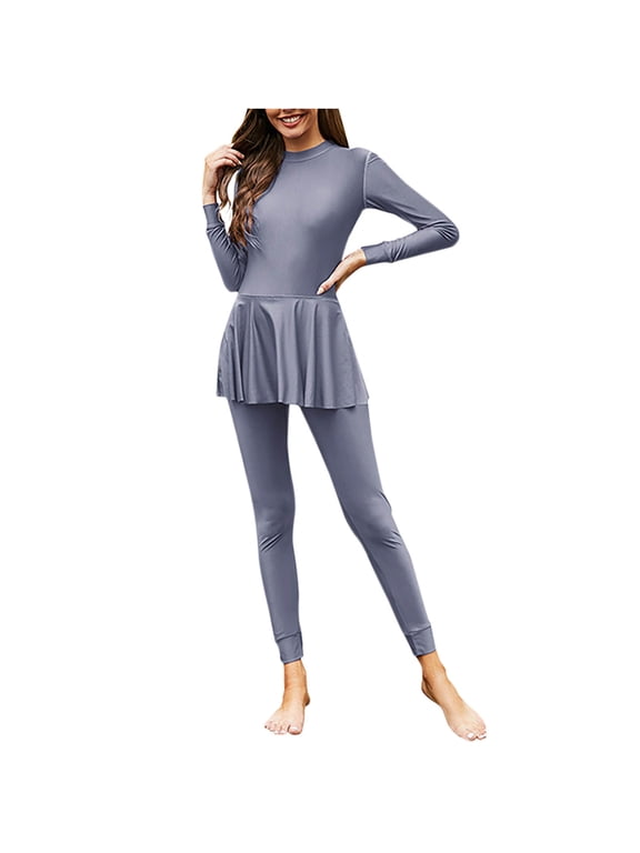 Womens Two Piece Muslim Swimsuits Reversible Modest Swimwear Full Coverage Rash Guard One Piece Bikini Islamic Bathing Suits Gray XXXL