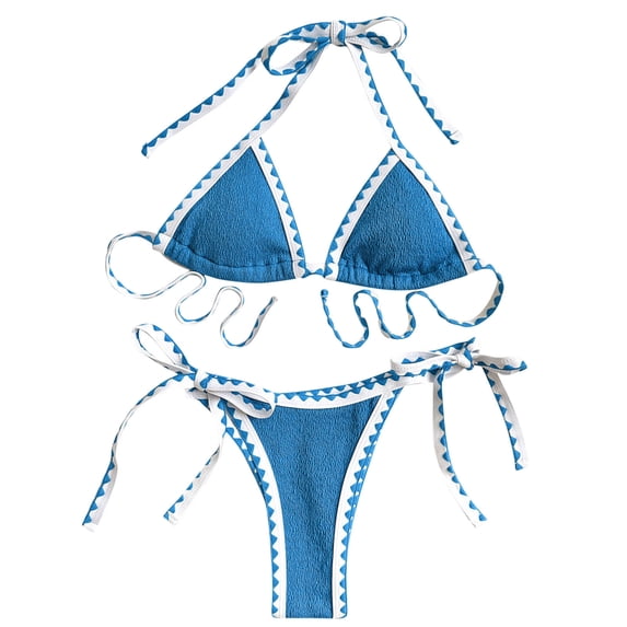 UTSJKR Womens Two Piece Swimsuit Triangle String Bikini Set High Cut Sexy Bathing Suit Color Block Bandeau Swim Top Blue L