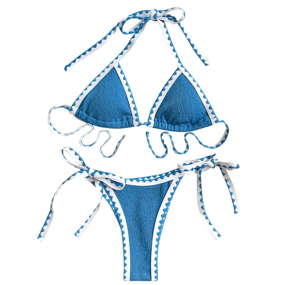 UTSJKR Womens Two Piece Swimsuit Triangle String Bikini Set High Cut Sexy Bathing Suit Color Block Bandeau Swim Top Blue S