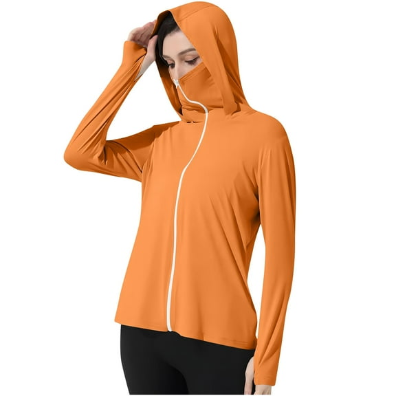 UTSJKR Womens UPF 50  Fishing Hoodie Shirt with Face Mask Thumb Holes Cooling Ice Silk Full Zip Hooded Tops with Pockets Orange M