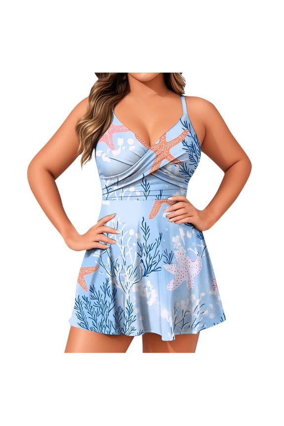 Womens V Neck Swimsuit Summer Sleeveless Swim Dress 2 Piece Ruched Waist Fitted Ruffle Hem Swimwear with Bottom 2025 Light Blue S