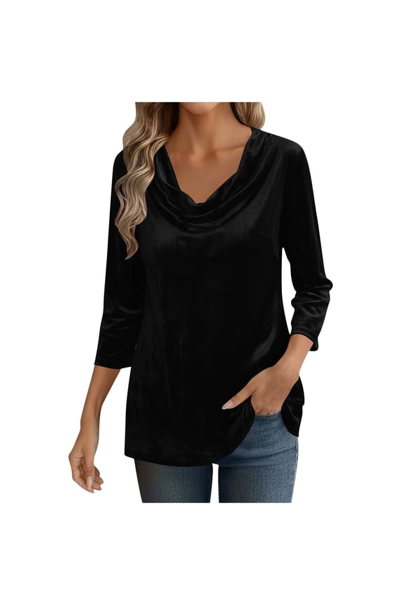 Womens Velvet Tops Casual 3/4 Sleeve Shirts Fashion Cowl Neck Drape Ruched Front Blouses Tops Holiday Party Clothes Black L