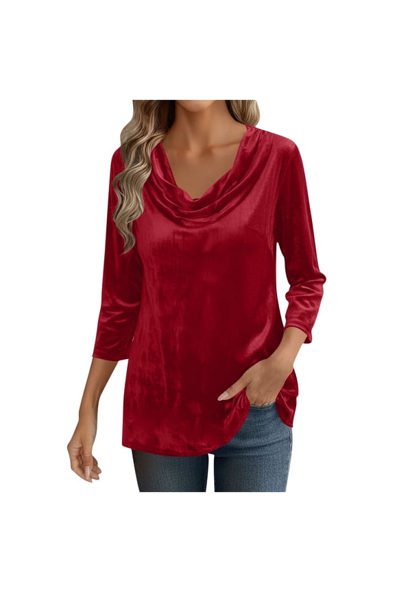 Womens Velvet Tops Casual 3/4 Sleeve Shirts Fashion Cowl Neck Drape Ruched Front Blouses Tops Holiday Party Clothes Wine XXL