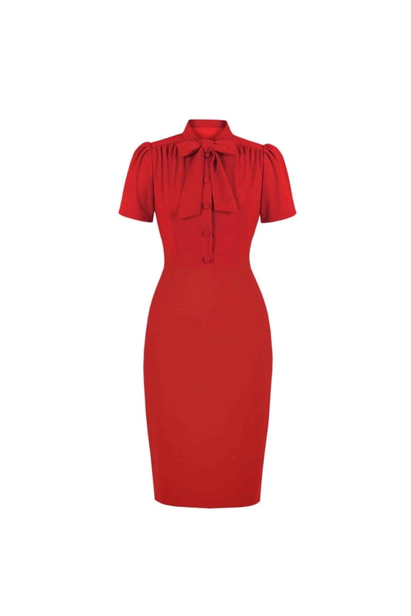 Womens Vintage Pencil Dress 2024 Fashion Elegant Solid Button up Tie Neck Smocked Pleated Slim Fit Work Party Sheath Dress Summer Basic Puff Short Sleeve Sundress Red XL