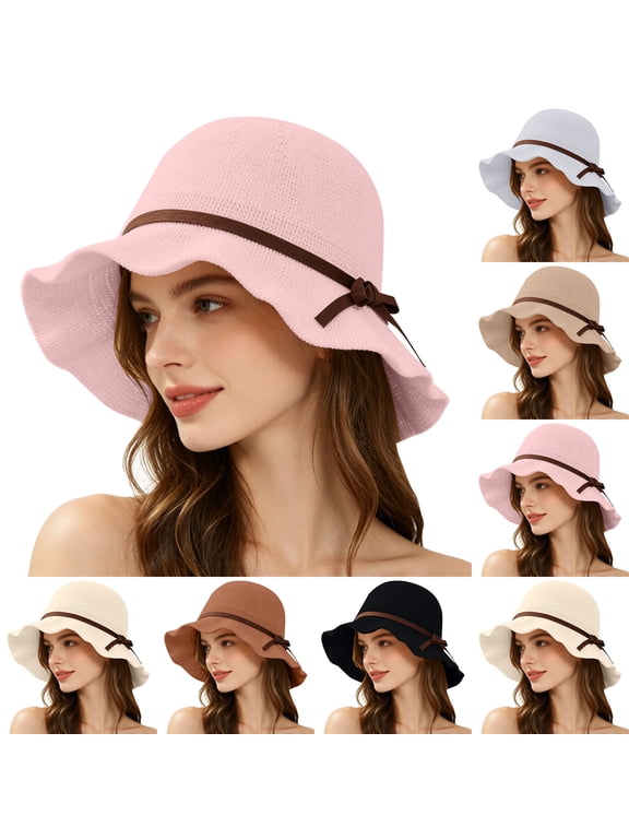 Womens Wavy Brim Bucket Hat with Thin Ribbon Back Bow for Summer Afternoon Tea Local Fair Stroll Lakefront Walk Wrinkle Resistant Lightweight Casual Hat Khaki