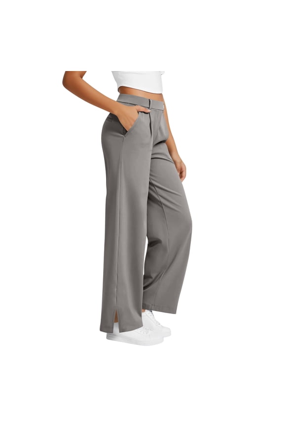 Womens Wide Leg Interview Pants High Waisted Business Dress Pants Casual Side Slit Pull On Work Trousers Dark Gray XXL