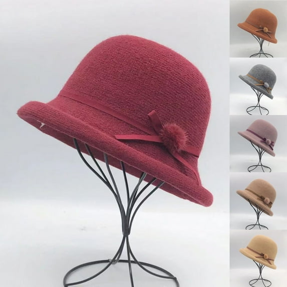 UTSJKR Womens Winter Church 1920s Bowler Bucket Hat Vintage Felt Cloche Cap Winter Floral Fedora Bow Pompom Bowler Hats Khaki