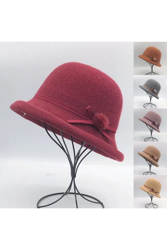 Womens Winter Church 1920s Bowler Bucket Hat Vintage Felt Cloche Cap Winter Floral Fedora Bow Pompom Bowler Hats Wine