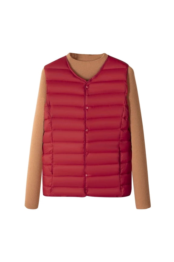 Womens Winter Puffer Vest Quilted Lightweight Collarless Sleeveless Outdoor Jackets Button Warm Padded Coat Outerwear Wine XXL