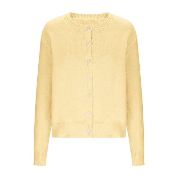 UTSJKR Y2K Women's Long Sleeve Open Front Button Down Crewneck Crop Cardigan Lightweight Cute Knit Fall Winter Top Yellow S