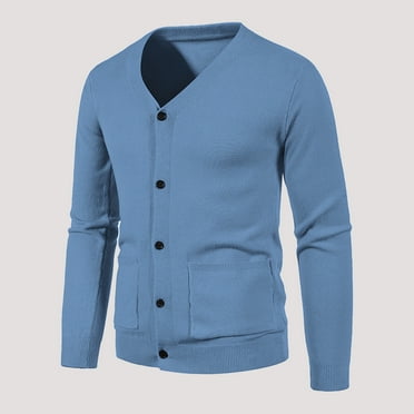 UTTOASFAY Autumn and Winter Men'S Leisure Slim Fit V-Neck Collar Cardigan Sweater Coat Blue 6(L)