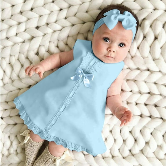 UTTOASFAY Baby Girls Dress Newborn Baby Girl Sleeveless Casual Maxi Bow Dress+Headband Set Outfit Blue 18-24 Months