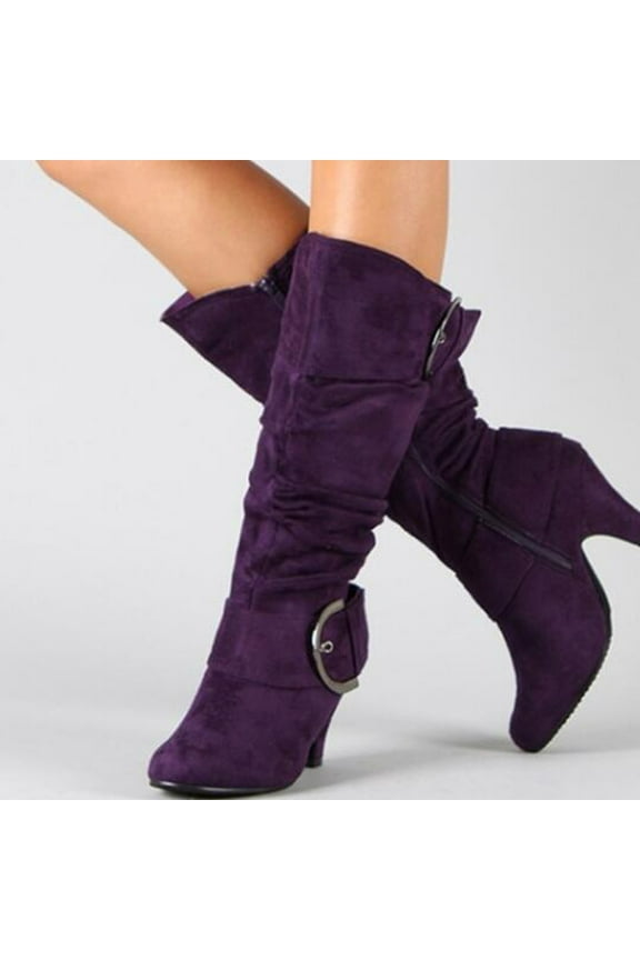 UTTOASFAY Boots for Women,Women'sWinter Warm High Heel Straight Leather Belt Buckle Suede Thick Heel Knight Boots