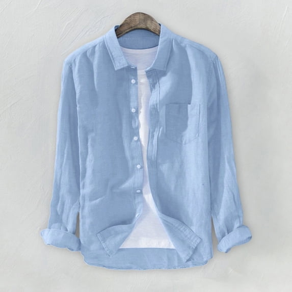 UTTOASFAY Mens Tops Men'S Baggy Solid Cotton Linen Long Sleeve Button Pocket Plus Size T Shirts Blue Xl