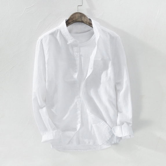 UTTOASFAY Mens Tops Men's Baggy Solid Cotton Linen Long Sleeve Button Pocket Plus Size T Shirts White M