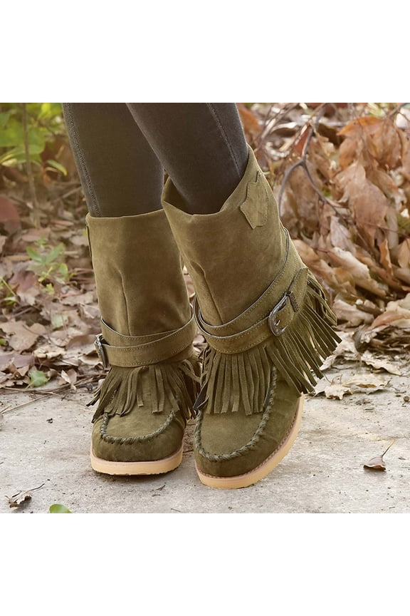 UTTOASFAY Clearance Shoes Women Boots,Tassel Boots for Women Suede Ankle Booties Winter Round Toe Vintage Fringe Mid-Calf Flat Shoes Flash Picks