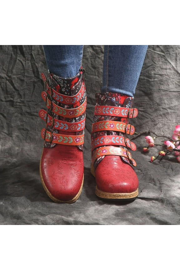 UTTOASFAY Clearance Shoes Women Boots,Vintage Red Boots Large Printed European and American Style Leather Boots Rollbacks