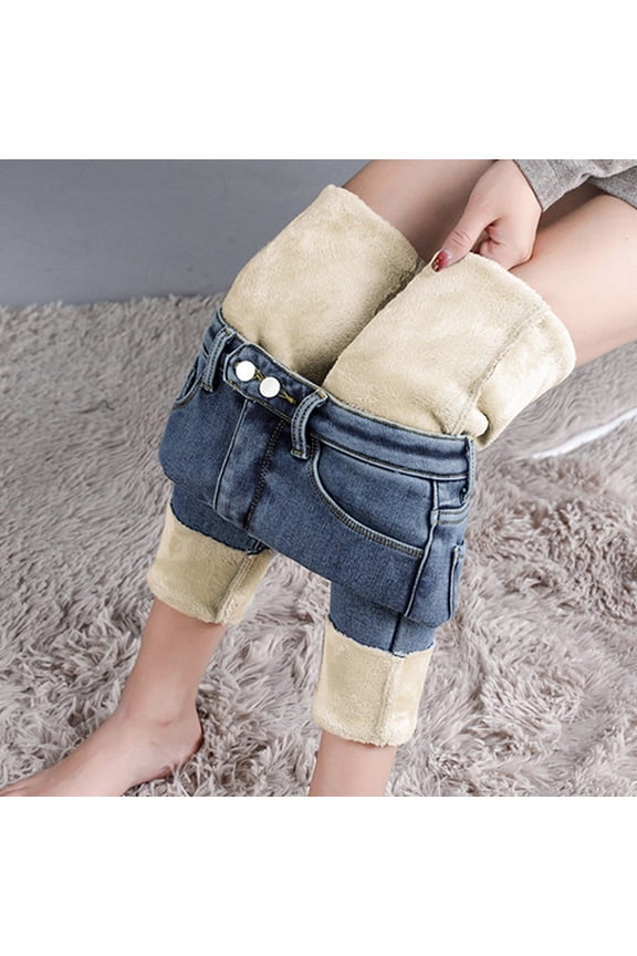 UTTOASFAY for Women Pants Womens Fleece Lined thermal Winter High Waisted Thick Flannel Pants Slim Fit Stretch Warm Jeggings Blue 6(M)