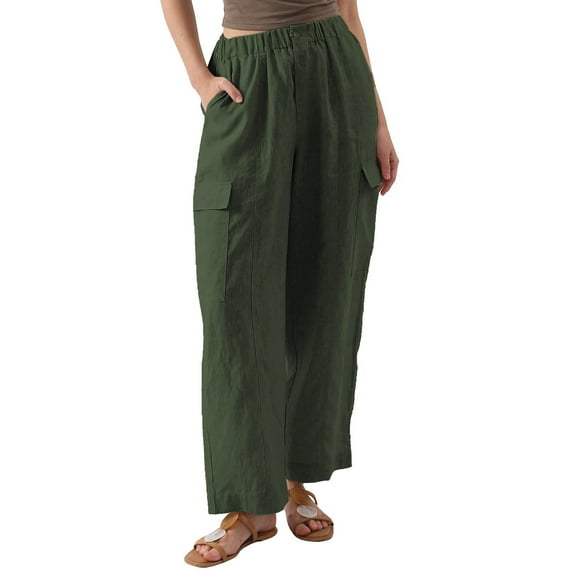 UTTOASFAY Fashion Pants Women Casual Pocket Button Elastic Waist Full Length Pants Army Green