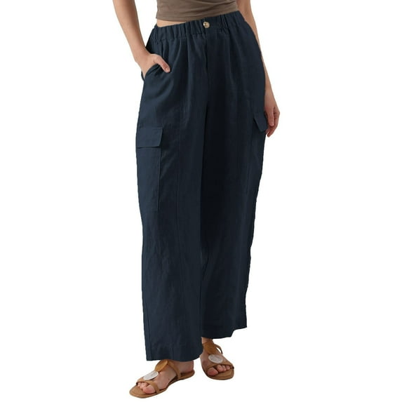 UTTOASFAY Fashion Pants Women Casual Pocket Button Elastic Waist Full Length Pants Dark Blue