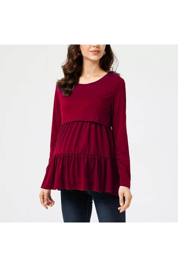 UTTOASFAY Ladies Fashion Solid Color Print Flounce Long Sleeve Pregnant Woman Breastfeeding Casual Top Wine 4(S)
