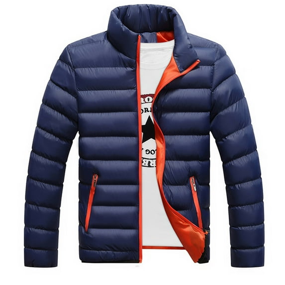 UTTOASFAY Men Coats Clearance Men Solid Casual Stand-Up Collar Down Zipper Warm Cotton Jacket Coats Rollbacks Navy 4(M)