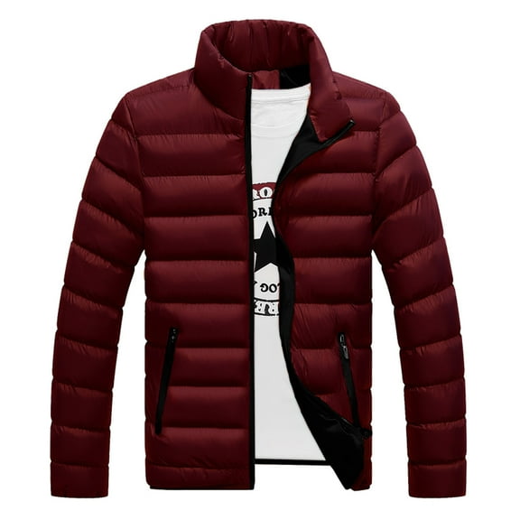 UTTOASFAY Men Coats Clearance Men Solid Casual Stand-Up Collar Down Zipper Warm Cotton Jacket Coats Rollbacks Wine 8(Xl)