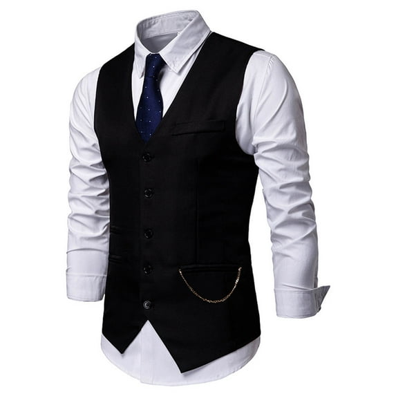 UTTOASFAY Men Coats Men Vest V-Neck Sleeveless Single-Breasted Slim Fit Jacket Business Waistcoat Black 8(L)