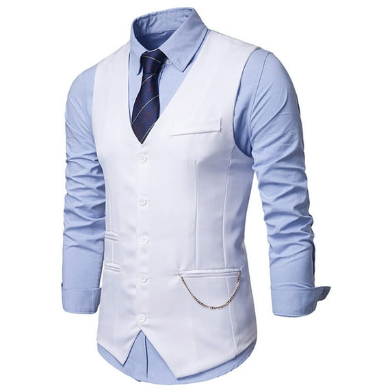 UTTOASFAY Men Coats Men Vest V-Neck Sleeveless Single-Breasted Slim Fit Jacket Business Waistcoat White 4(S)
