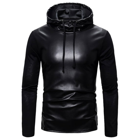 UTTOASFAY Mens Long Sleeve Tops New Autumn Long-Sleeved Leather Casual Solid Color Men'sHooded Sweater Rollbacks Black 12(Xxl)