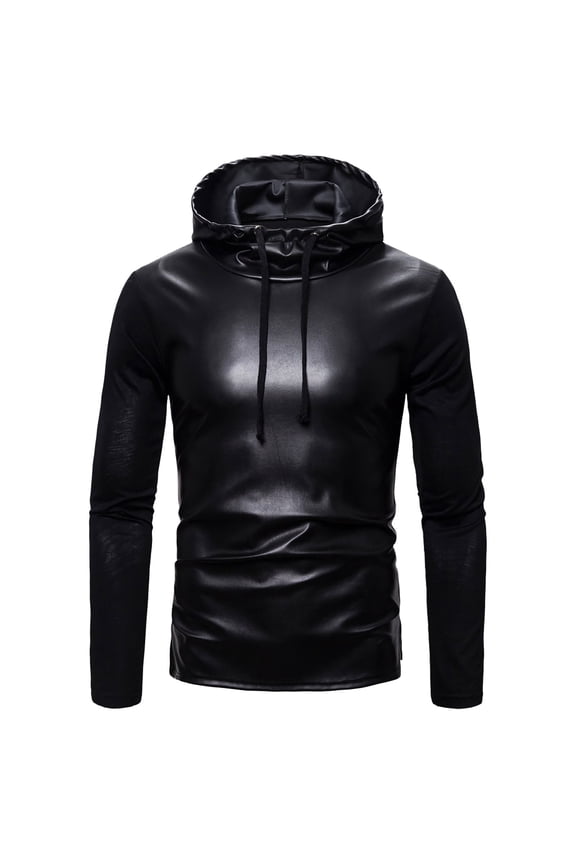UTTOASFAY Mens Long Sleeve Tops New Autumn Long-Sleeved Leather Casual Solid Color Men'sHooded Sweater Rollbacks Black 12(Xxl)